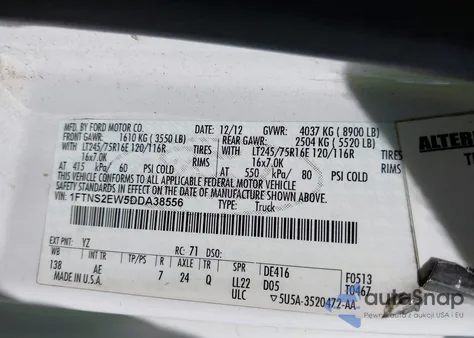 2013 Ford E-250 Commercial from USA, damaged, VIN 1FTNS2EW5DDA38556